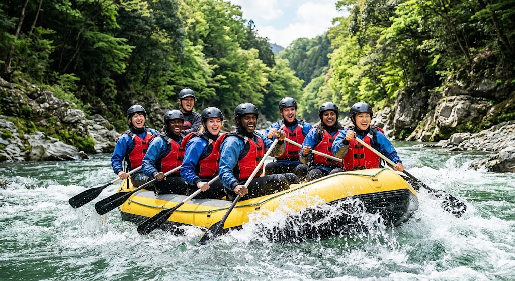 Diverse group white water rafting on the Tama River in Ome, Tokyo